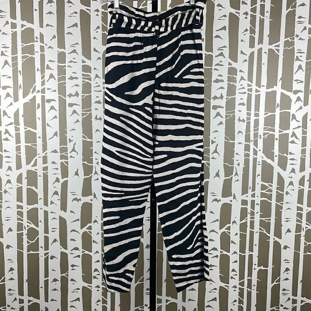 Linen Blend Zebra Print High Rise Paper Bag Waist Tapered Cropped Pants NEW 6